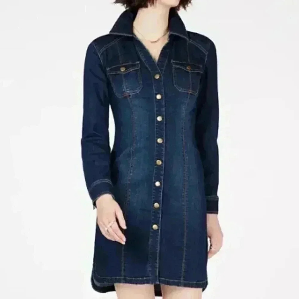 Denim Dress Button Down Long Sleeve Dark Wash Casual Shirt Dress